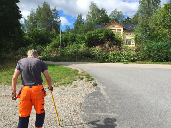 Person som röjer överväxt trädgård framför ett äldre hus, lyktstolpe synlig efter borttagen häck.