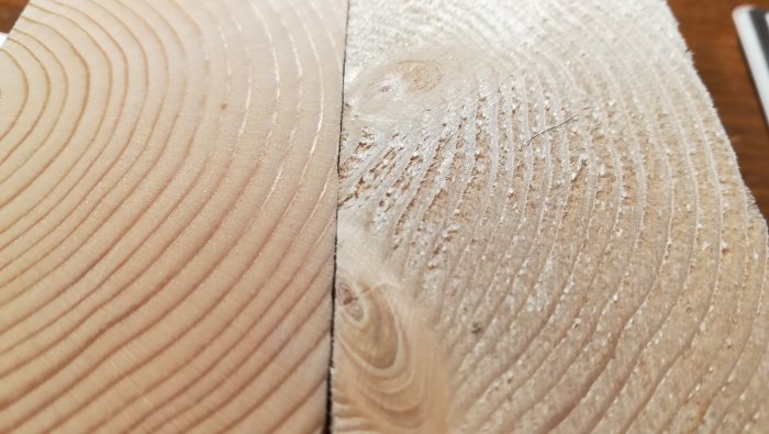 Två träsnitt visade sida vid sida, jämför nyhet och finish mellan Bosch Optiline och Bosch Best for Wood sågklingor.