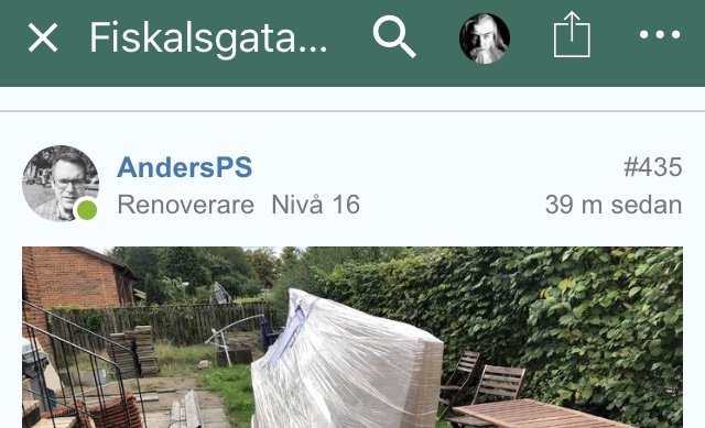 Bakgård med möbler övertäckta med plast, träd och grönska, anslutet till en renoveringsdiskussion.