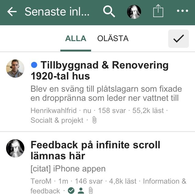 Skärmdump av ett forum med trådar om tillbyggnad och renovering samt feedback på funktioner.
