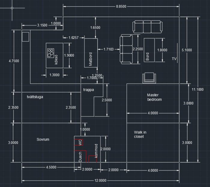 Planritning av ett hus med betecknade rum såsom kök, sovrum, tvättstuga och master bedroom.