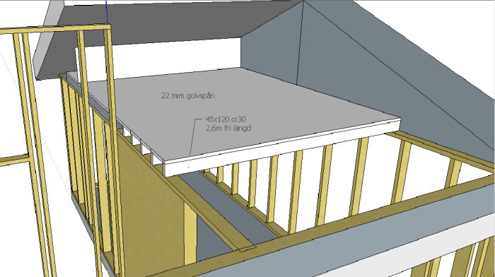 3D-ritning av loftkonstruktion med måttangivelser för balkar och golvspån.