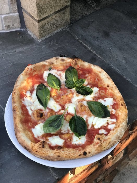 Hemlagad napolitansk pizza med tomatsås, ost och basilika på en tallrik, bakad i utekök.