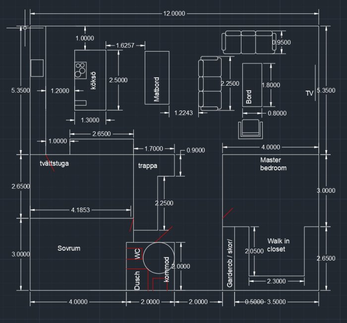 Arkitektritning över våningsplan med rum och måttangivelser, Tvättstuga, WC och Sovrum markerade.