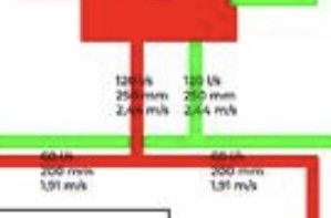 Schematisk bild av ventilationssystem med märkta mått och flödesriktningar i rött och grönt.