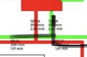 Schematisk bild av ventilationssystem med dimensioner och T-rör som pekar mot taket.