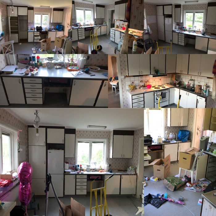 Före-och-efter collage av ett kök under renovering, rörigt till ordnat och uppfräschat.
