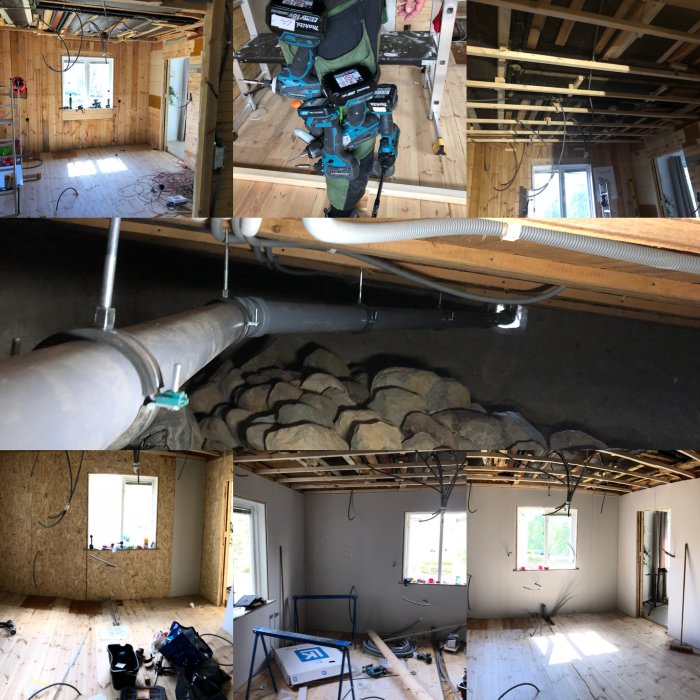 Kollage av ett hus renoveringsprojekt visar oskalade rum, verktygsbälte och VVS-arbeten under våningen.
