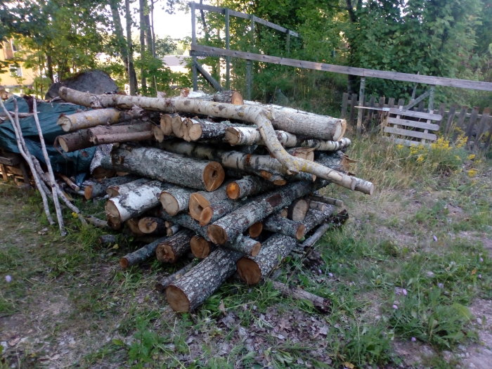 Stapel med vedträn i olika storlekar bredvid ett staket utomhus.