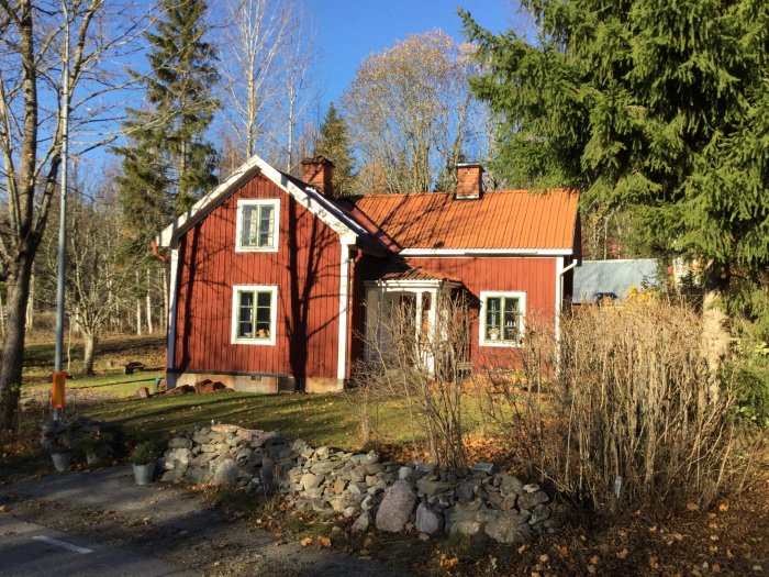 Rödfärgad timmerstuga från 1920-1930-talen med naturstensgrund, tak av plåt, omgiven av träd och buskar.
