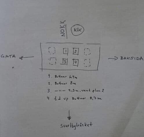 Handritad skiss av murstock med markerade rökkanaler och ventilationsluckor, samt anteckningar och mått.