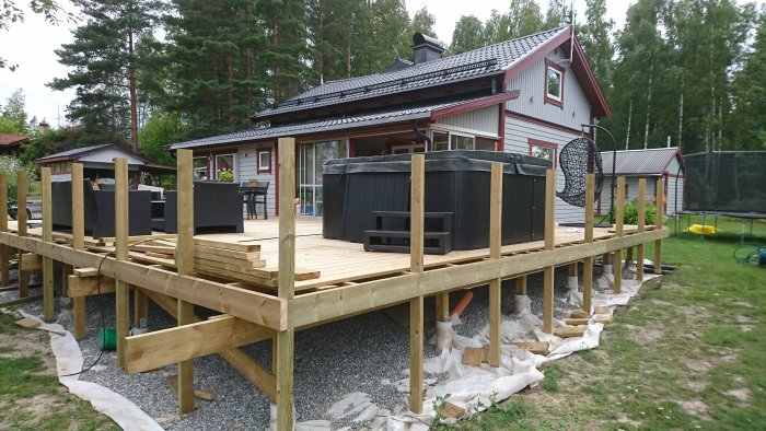 Nybyggt trädeck med badtunna framför ett rött hus, omgivet av grön trädgård och en studsmatta.