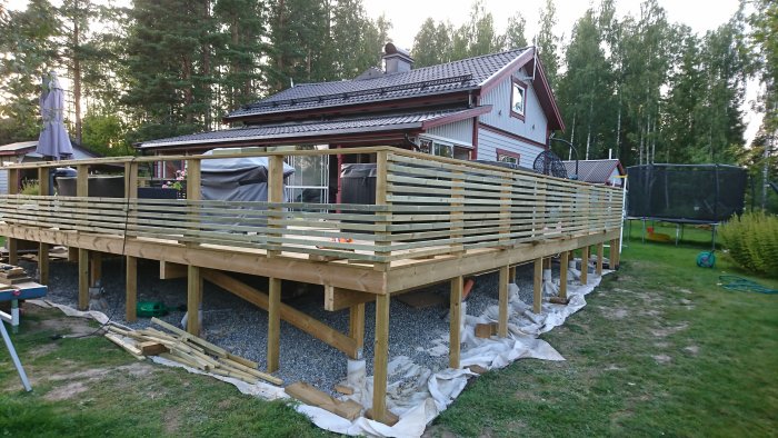 Altan under konstruktion med nyinstallerade staketribbor av dimensionen 28x45 mm, omgiven av trädgård och utsikt över hus.