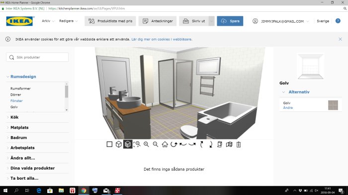 3D-visualisering av ett badrum med stor dubbelvask, badkar, dusch och liten vägg vid toalett.