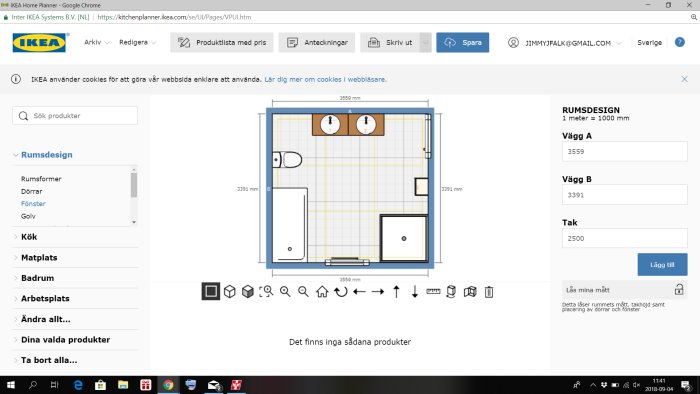 Skärmdump av badrumsdesign i planeringsverktyg med toalett, dubbelvask, badkar och separat dusch.