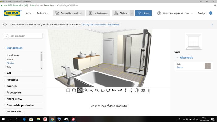 3D-planering av badrum med dubbelvask, badkar, WC och dubbeldusch.