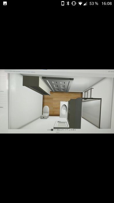 3D-ritning av ett badrumsinredningsförslag med toalett, dusch, handfat och skåp.