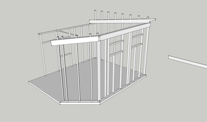 3D-ritning av väggsektioner i ett byggprojekt med stående och liggande reglar.