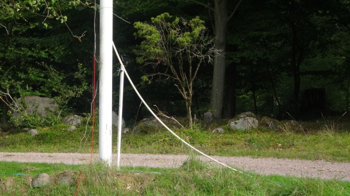 Flaggstång med ny flagglina bredvid äppelträd, verktyg och improviserad repmekanism på marken.