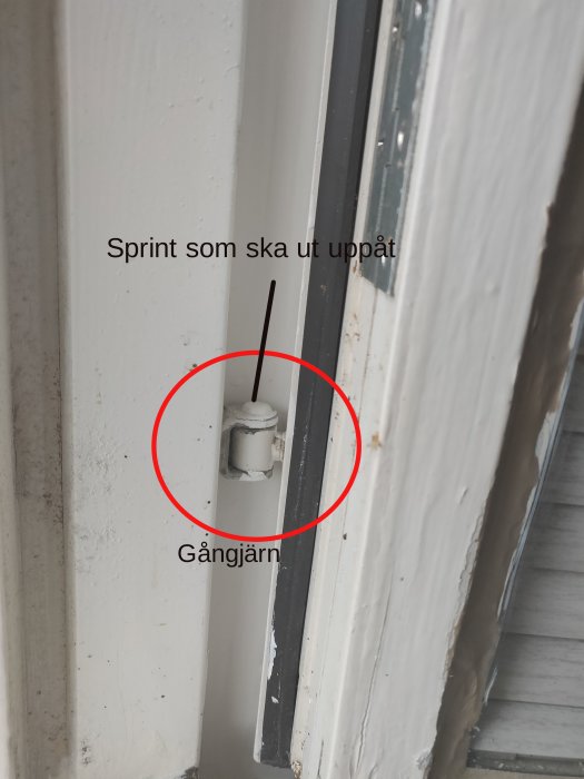 Närbild på ett fönstergångjärn med en markerad sprint som ska tas ut uppåt.