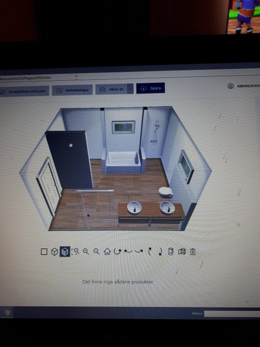 Skärmbild av badrumsdesign i Ikeas planeringsverktyg med bastu, dusch och toalett.