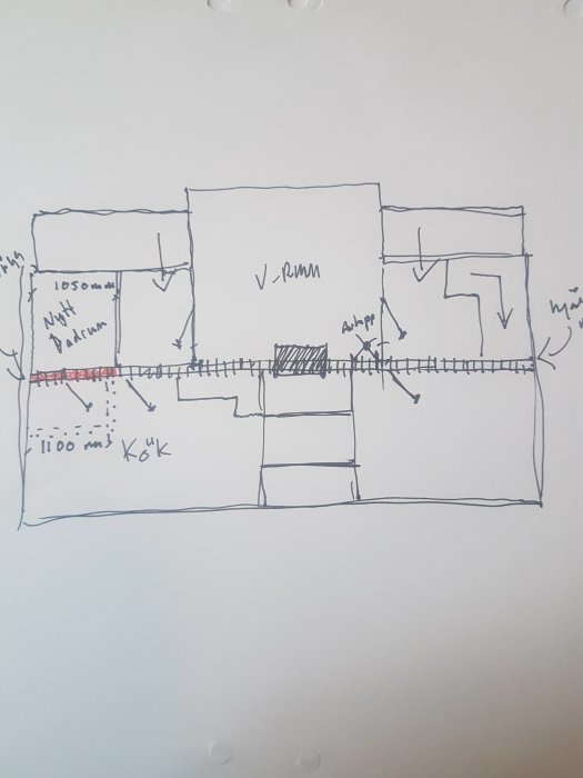 Handritad skiss av husplan med markerad hjärtvägg och tänkt badrumsutbyggnad.