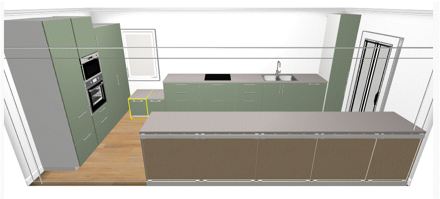 3D-rendering av ett planerat kök med gröna skåp, grå bänkskivor och halvvägg mot matrum.