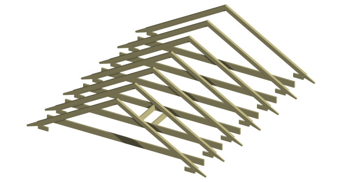 3D-rendering av träbjälklag för hustak utan takbeklädnad.