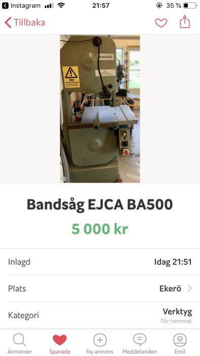 Bandsåg EJCA BA500 till salu för 5 000 kr, placerad i ett verkstadsutrymme.