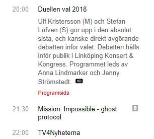 Skärmdump av TV-tablå som visar programmet "Duellerna val 2018" följt av filmen "Mission: Impossible - Ghost Protocol".