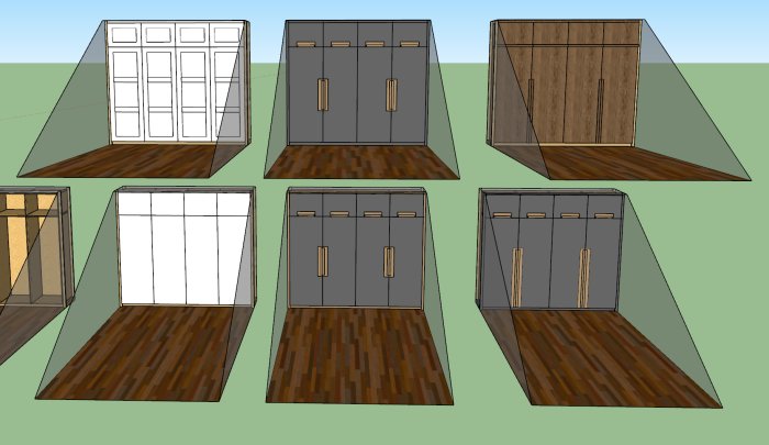 3D-skisser av garderober i olika stilar och färger som visualiserar olika designalternativ för placering och utformning.