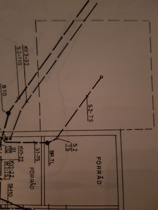 Del av husritning som visar tekniska symboler och förkortningar inklusive "tl.br" nära en planerad brunn.