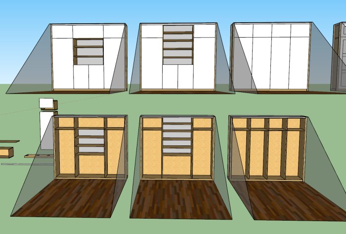 Tre datorgenererade designförslag för garderobsväggar med olika hyll- och förvaringskonfigurationer i ett rum.