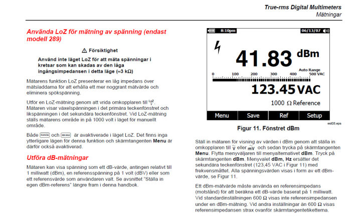 Screenshot ur en handbok visar instruktioner för att använda LoZ-funktionen och utföra dB-mätningar med en digital multimeter.