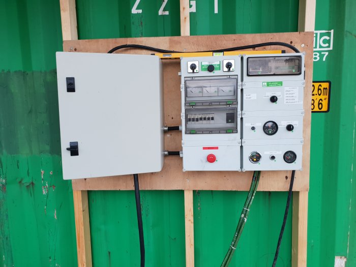 Elektrisk kontrollpanel för elverk monterad på en träplatta framför en grön vägg, med mätare och olika omkopplare.
