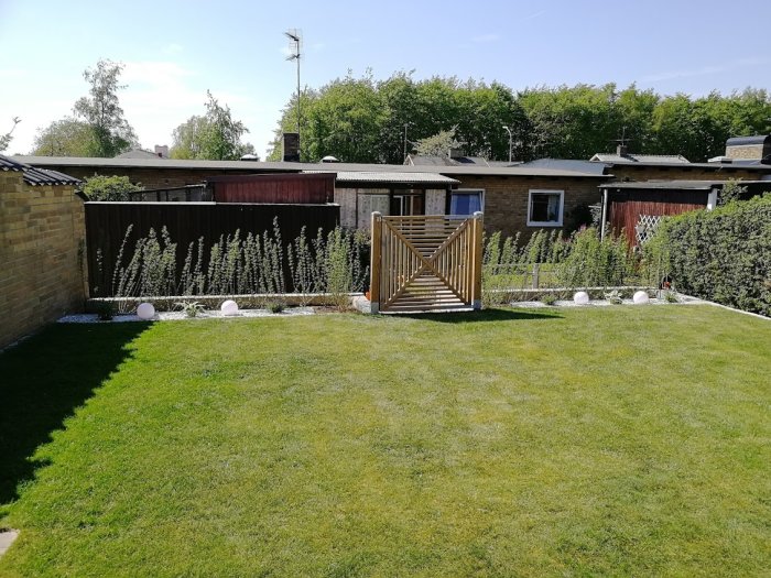 Trädgård med nyklippt gräsmatta, anlagd rabatt, grillbord och belysning på en solig dag.