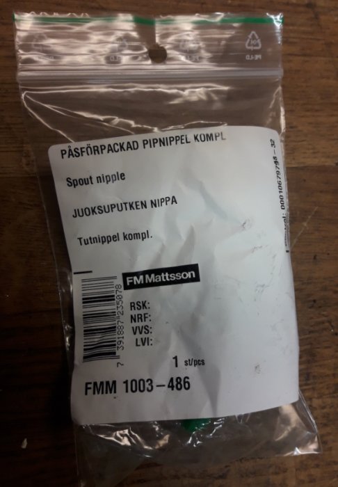 Förpackad FMM pipnippel för blandare med etikett på påse som visar produktdetaljer.