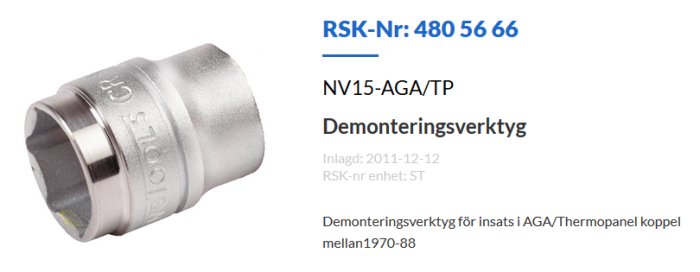 Demonteringsverktyg med text RSK-Nr 480 56 66 för AGA/Thermopanelkopplingar från 1970-88.