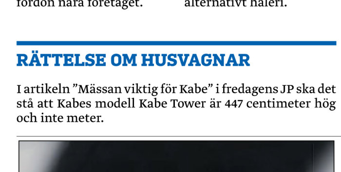 Utdrag ur tidningsartikel med rättelse om höjden på Kabe Tower husvagn, nu 447 cm och inte meter.