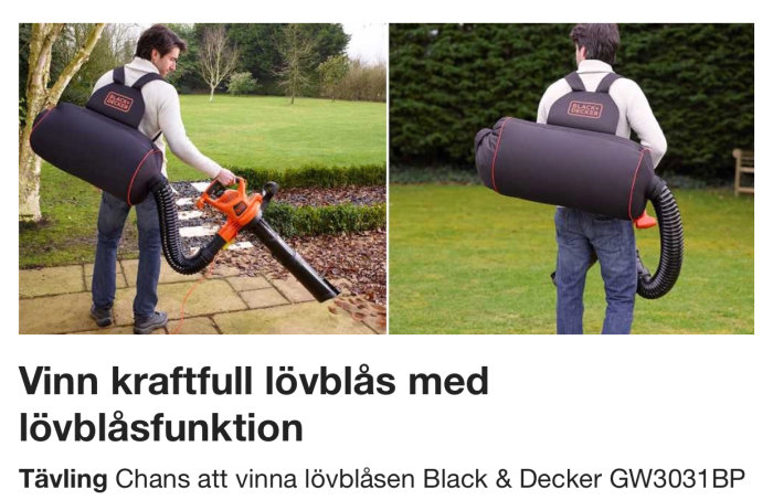 Person använder en bärbar lövblåsare från Black & Decker i en trädgård.