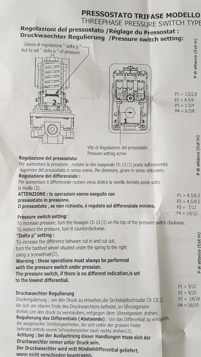 Instruktionsblad för tryckströmbrytare med markerade delar och justeringsanvisningar.