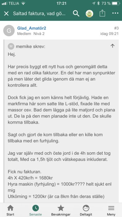 Skärmdump av ett foruminlägg där användare diskuterar en faktura för markarbete.