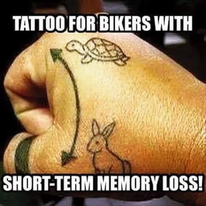 Hand med en tatuering som föreställer en sköldpadda som jagar en hare i en oändlig loop, humoristisk text om tatuering för bikers.