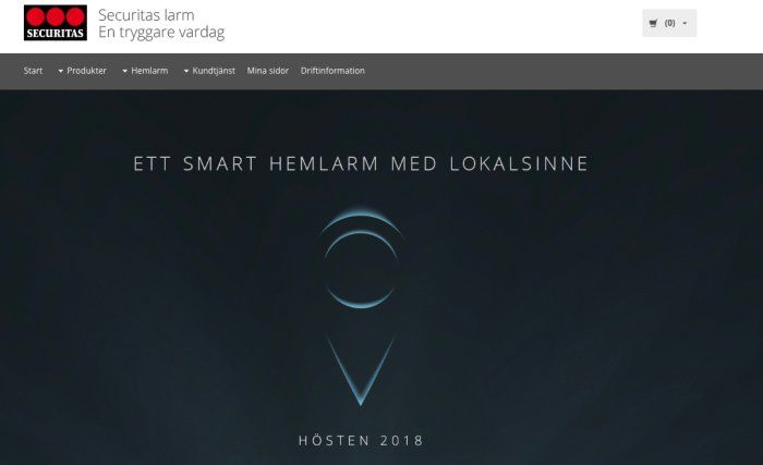 Webbsida för Securitas larm som marknadsför ett smart hemlarm med texten "Ett smart hemlarm med lokalsinne" och lanseringsår.