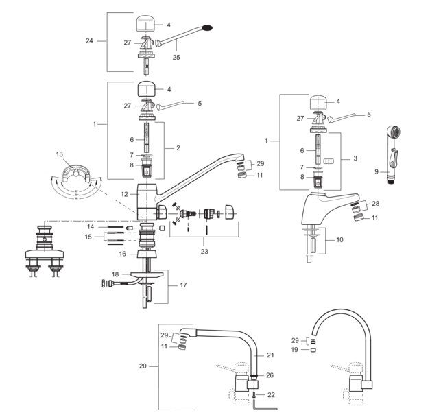 Schematisk illustration av Mora Temp ESS köksblandare med numrerade delar och exploded view.