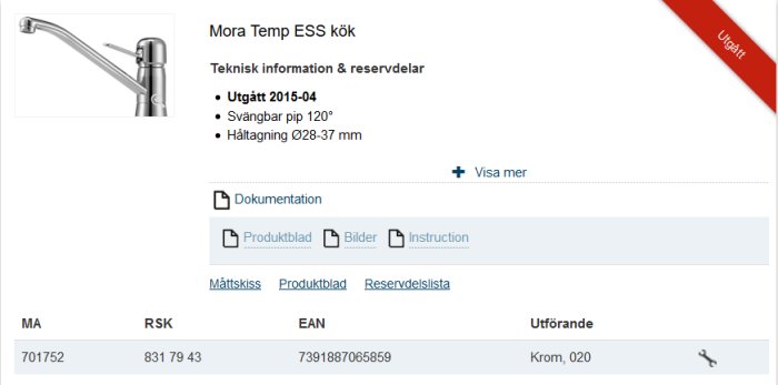 Screenshot av Mora Temp ESS köksblandare med specifikationer och produktinformation på en webbsida.