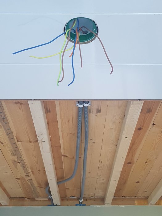 Elektriska kablar som sticker ut från ett hål i taket med synliga träbjälkar och isolering under renovering.