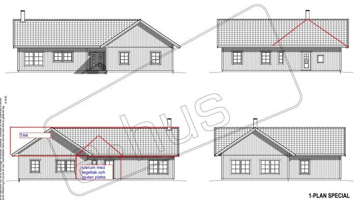 Arkitektritningar av enplanshus med markerade ändringar för uterum och tak.