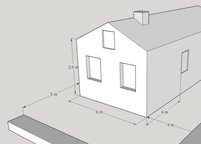 Schematisk 3D-bild av vit sommarstuga med måttangivelser, planerad för utbyggnad.