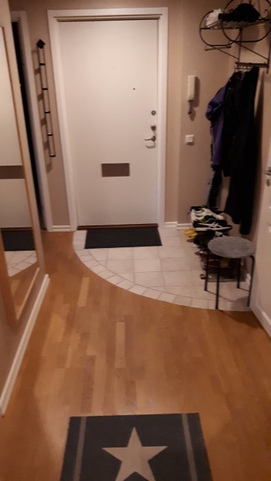 Inre hall med trägolv, vit ytterdörr, klädställning och skohylla med skor.